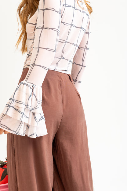 BLUSA MESH MANGA LARGA CON BOLEROS PRINT CUADROS