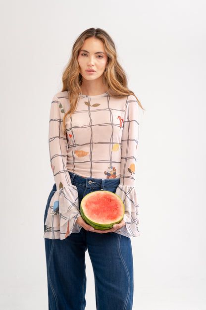 BLUSA MESH MANGA LARGA CON BOLEROS PRINT MARKET