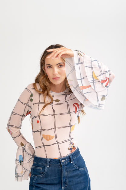 BLUSA MESH MANGA LARGA CON BOLEROS PRINT MARKET