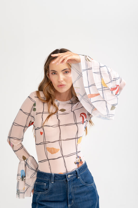BLUSA MESH MANGA LARGA CON BOLEROS PRINT MARKET