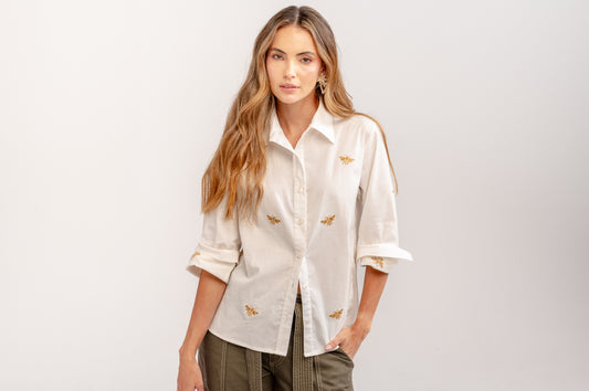 CAMISA MANGA LARGA BORDADA ABEJAS