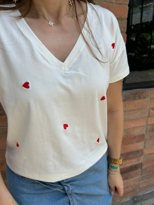 CAMISETA MANGA CORTA CUELLO V CORAZONES MINI