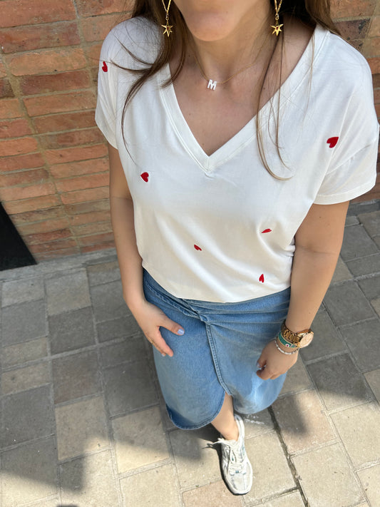CAMISETA MANGA CORTA CUELLO V CORAZONES MINI